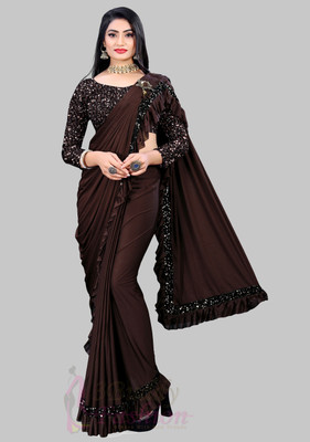 3Buddy Fashion Solid/Plain Bollywood Lycra Blend Saree(Brown)