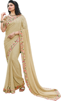 SHREE SOMANATH JARI Solid/Plain Bollywood Georgette Saree(Cream)
