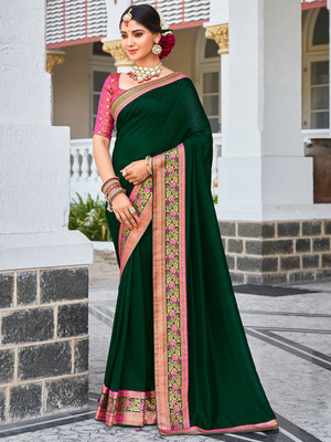 Anouk Rustic Embellished Bollywood Silk Blend Saree(Green)