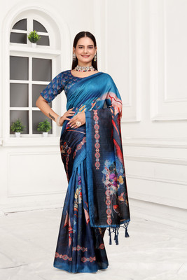 Mugdarra Floral Print Daily Wear Cotton Silk Saree(Blue)