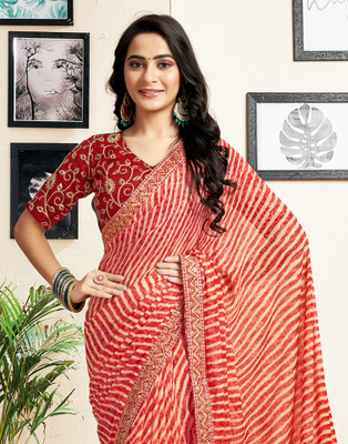 Samah Printed, Embellished Leheria Chiffon, Georgette Saree(Red, Cream)