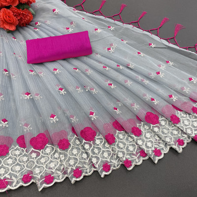 TIRTH CREATION Embroidered Bollywood Supernet Saree(Grey)