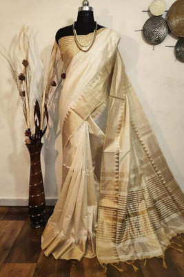woclo enterprise Temple Border, Solid/Plain Assam Silk Pure Cotton, Cotton Silk Saree(White)
