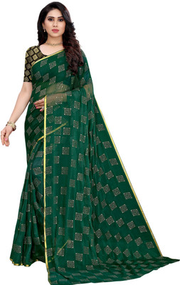 HouseOfCommon Printed Bollywood Net, Chiffon Saree(Pack of 2, Dark Green)
