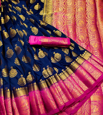 FAB WOVEN Woven Kanjivaram Art Silk Saree(Dark Blue)