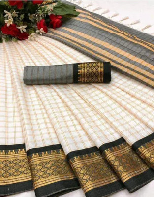 JbWorld Checkered, Woven Gadwal Cotton Silk, Pure Silk Saree(White, Black)