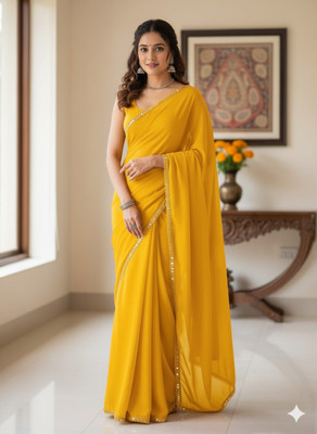 LA LILY Embellished, Solid/Plain, Self Design Bollywood Georgette Saree(Yellow)