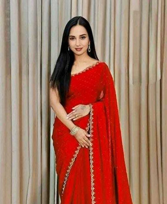 JAGRUL JM Embellished Bollywood Chiffon Saree(Red)
