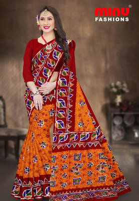 Minu Fashion Woven, Printed Hand Batik Pure Cotton Saree(Maroon, Orange)
