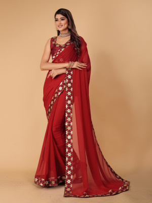 Tejal Creation Solid/Plain Bollywood Georgette Saree(Red)