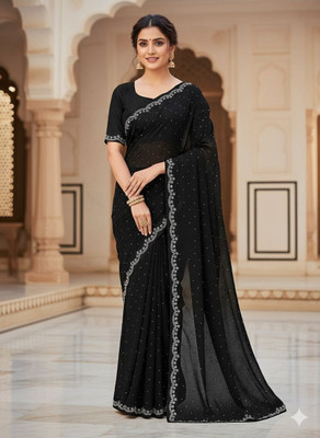 Albira Creation Solid/Plain, Embellished Bollywood Georgette Saree(Black)