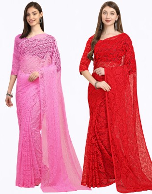 IRI Embellished Bollywood Net Saree(Pack of 2, Pink, Red)