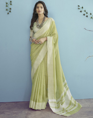 Satrani Woven, Self Design, Embellished Handloom Pure Cotton Saree(Green, White)