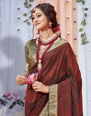 Samah Woven, Embellished, Self Design Kanjivaram Art Silk Saree(Maroon, Green)