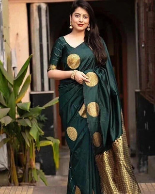 KANGLI Woven Banarasi Cotton Silk Saree(Dark Green)