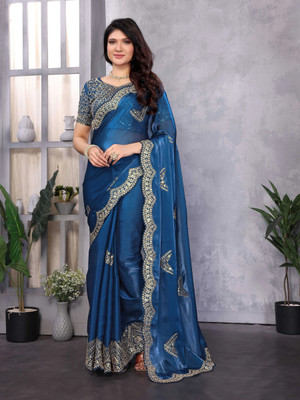 RHEY Embellished, Embroidered Bollywood Jimmy choo, Chiffon Saree(Blue)