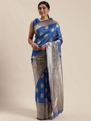 OJSENTERPRISE Self Design Banarasi Cotton Blend Saree(Blue)