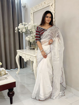 ANOUK Embroidered Saree with Attached Blouse Silk Blend Saree(White)