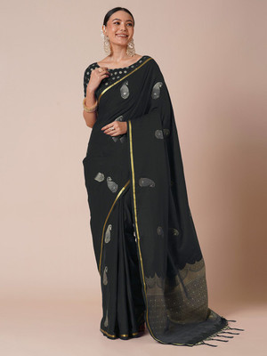 House of Pataudi Woven Banarasi Satin Saree(Black)