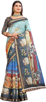 HangerStories Floral Print Kanjivaram Pure Cotton, Cotton Linen Saree(Multicolor)