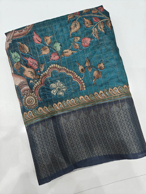 J6 Designers Floral Print Hand Batik Cotton Silk Saree(Blue)