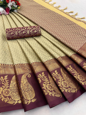 KanjiQueen Woven Kanjivaram Cotton Silk, Silk Blend Saree(Beige, Maroon)