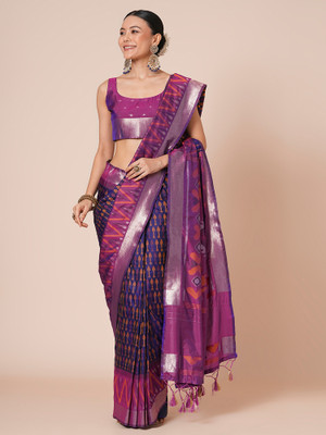 Sareemall Woven Pochampally Silk Blend Saree(Dark Blue)