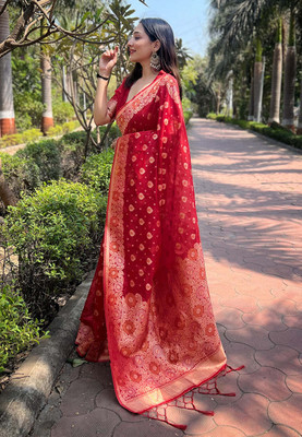 all about you Embroidered Bollywood Organza Saree(Red)