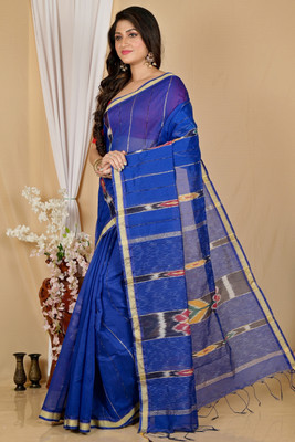 DipDiya Printed Handloom Cotton Blend Saree(Dark Blue)