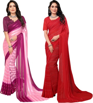 kashvi sarees Striped Bollywood Satin Saree(Pack of 2, Purple, Pink, Red)