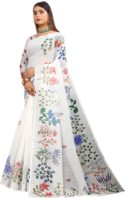 HouseOfCommon Woven Kanjivaram Pure Cotton, Cotton Linen Saree(White)