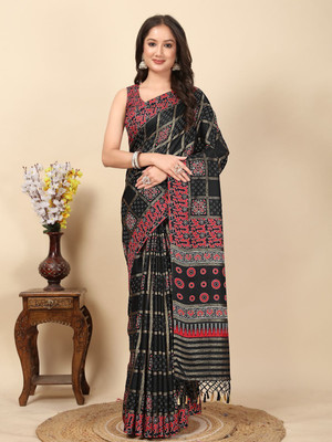 J6 Designers Printed Banarasi Art Silk Saree(Black)