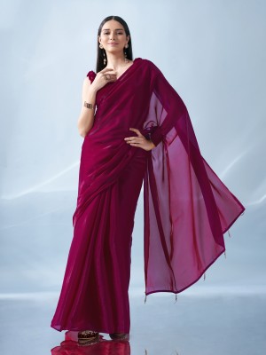 Tikhi Imli Solid/Plain Bollywood Organza Saree(Maroon)