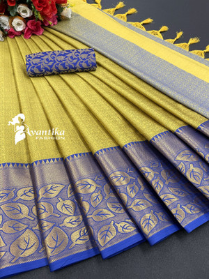 AVANTIKA FASHION Printed, Temple Border, Woven, Embellished Banarasi Art Silk, Cotton Silk Saree(Yellow, Blue)