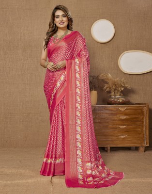 Samah Printed Bandhani Silk Blend Saree(Pink, White)