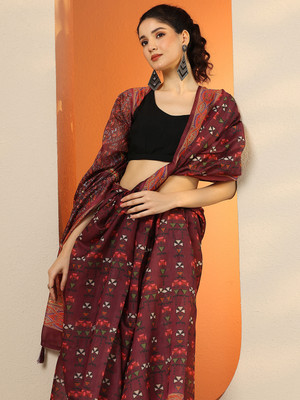 LIBAS Printed Daily Wear Silk Blend Saree(Brown)