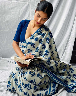 FabricoWorld Printed Daily Wear Pure Cotton Saree(Blue, Cream)