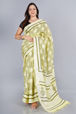 MOLLAR Hand Painted Handloom Cotton Linen Saree(Green)