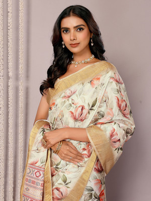 Janasya Printed, Floral Print Chanderi Silk Blend Saree(Cream)