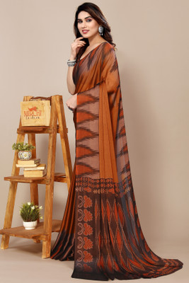 MIRCHI FASHION Printed, Geometric Print Ikkat Chiffon, Georgette Saree(Orange, Brown)
