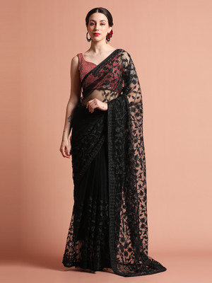 Jaipur Kurti Embroidered Bollywood Net Saree(Black)