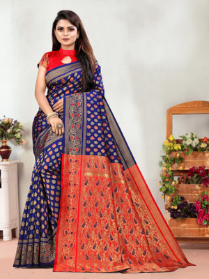 VARNI DESIGNER HUB Woven Banarasi Silk Blend Saree(Dark Blue)
