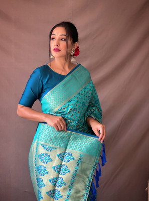 SUDIPTA Woven, Printed Patola Pure Silk Saree(Light Blue)