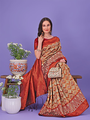 Tasrika Woven Banarasi Cotton Silk Saree(Beige)