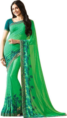 RAJESHWAR FASHION Printed, Self Design, Floral Print Bollywood Georgette Saree(Green)