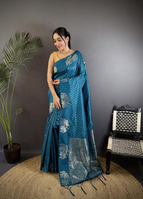 Tasrika Solid/Plain Banarasi Cotton Silk Saree(Blue)