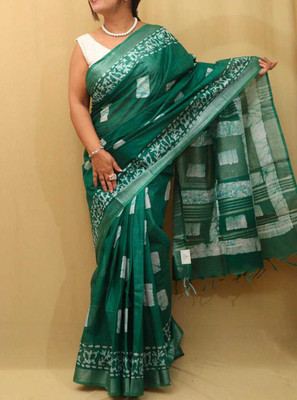 Luxury Silk Printed Hand Batik Handloom Cotton Blend Saree(Green)