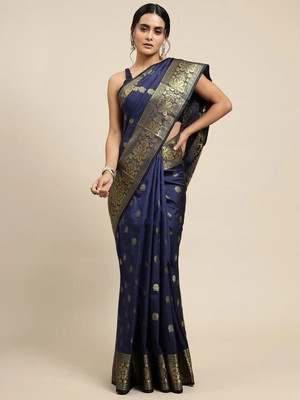 GajGajra Self Design Kasavu Silk Blend Saree(Dark Blue)
