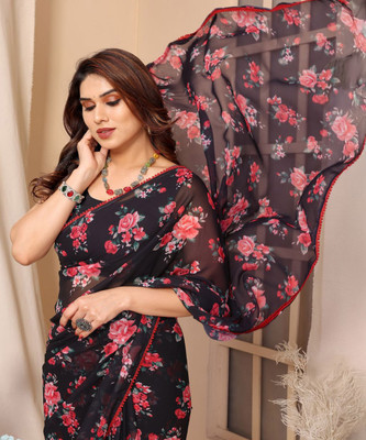 Bluebirdimpex Striped Bollywood Georgette Saree(Black)