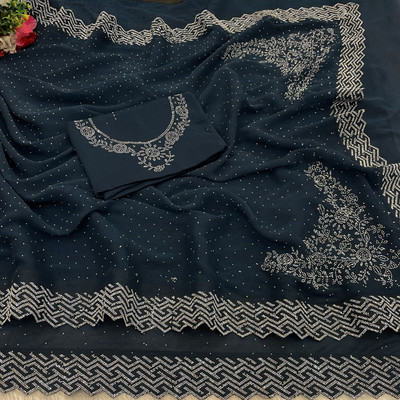 HouseOfCommon Embellished Bollywood Organza Saree(Dark Blue)